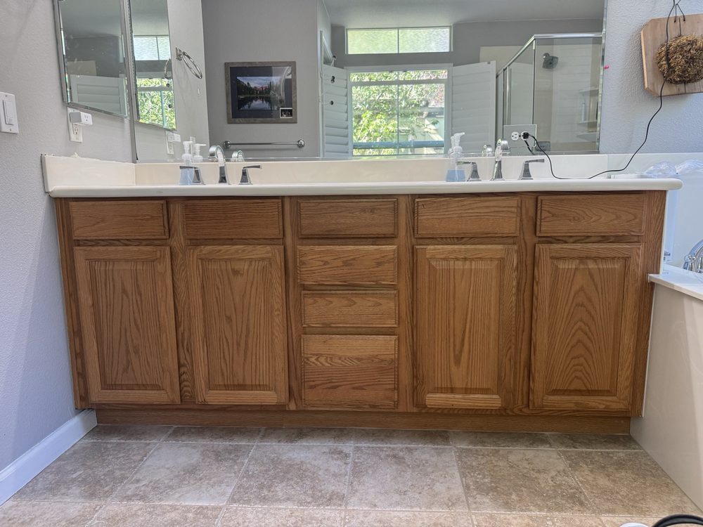 Bathroom vanity cabinets before refinishing