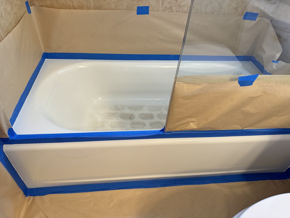 Bathtub reglazing &mdash; Tub, tile, and glass door masked before spray application &mdash; Sunnyvale, CA