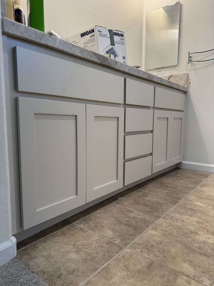 Vanity cabinet refinishing &mdash; Completed base refinish with new quartz top installed &mdash; Los Gatos, CA