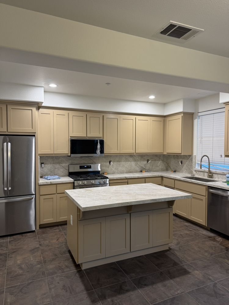 Kitchen cabinet refinishing &mdash; Completed refinish on perimeter cabinets and island &mdash; Mountain View, CA