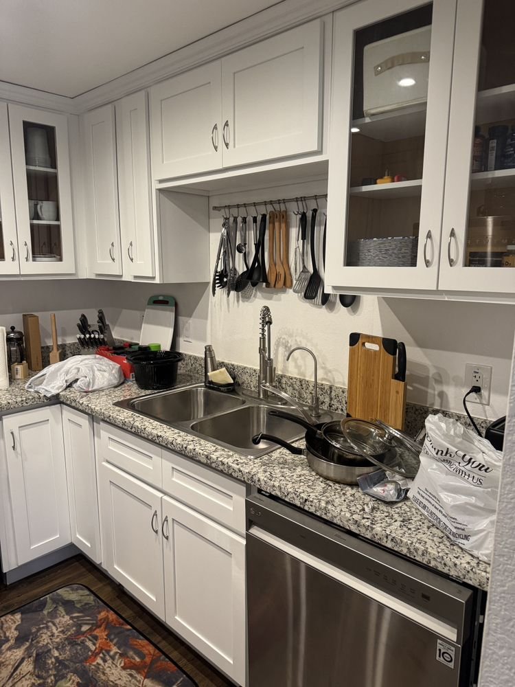 Kitchen cabinet refinishing &mdash; Finished shaker kitchen with counters and sink reinstalled &mdash; San Jose, CA