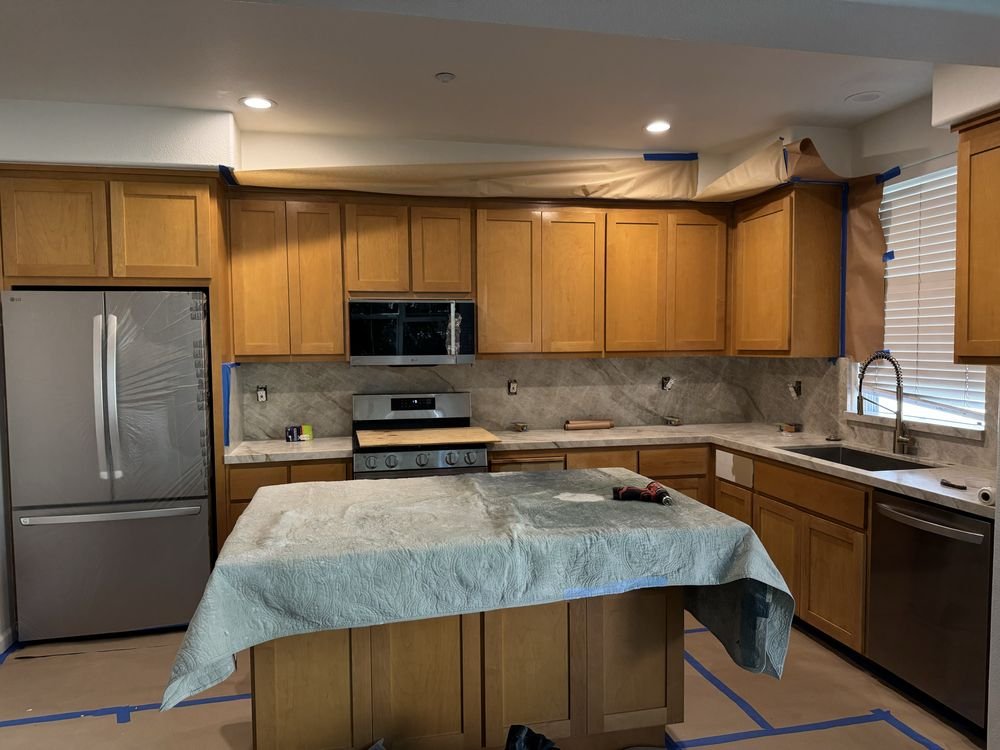 Kitchen cabinet installation &mdash; Completed shaker install with full-height backsplash &mdash; Mountain View, CA