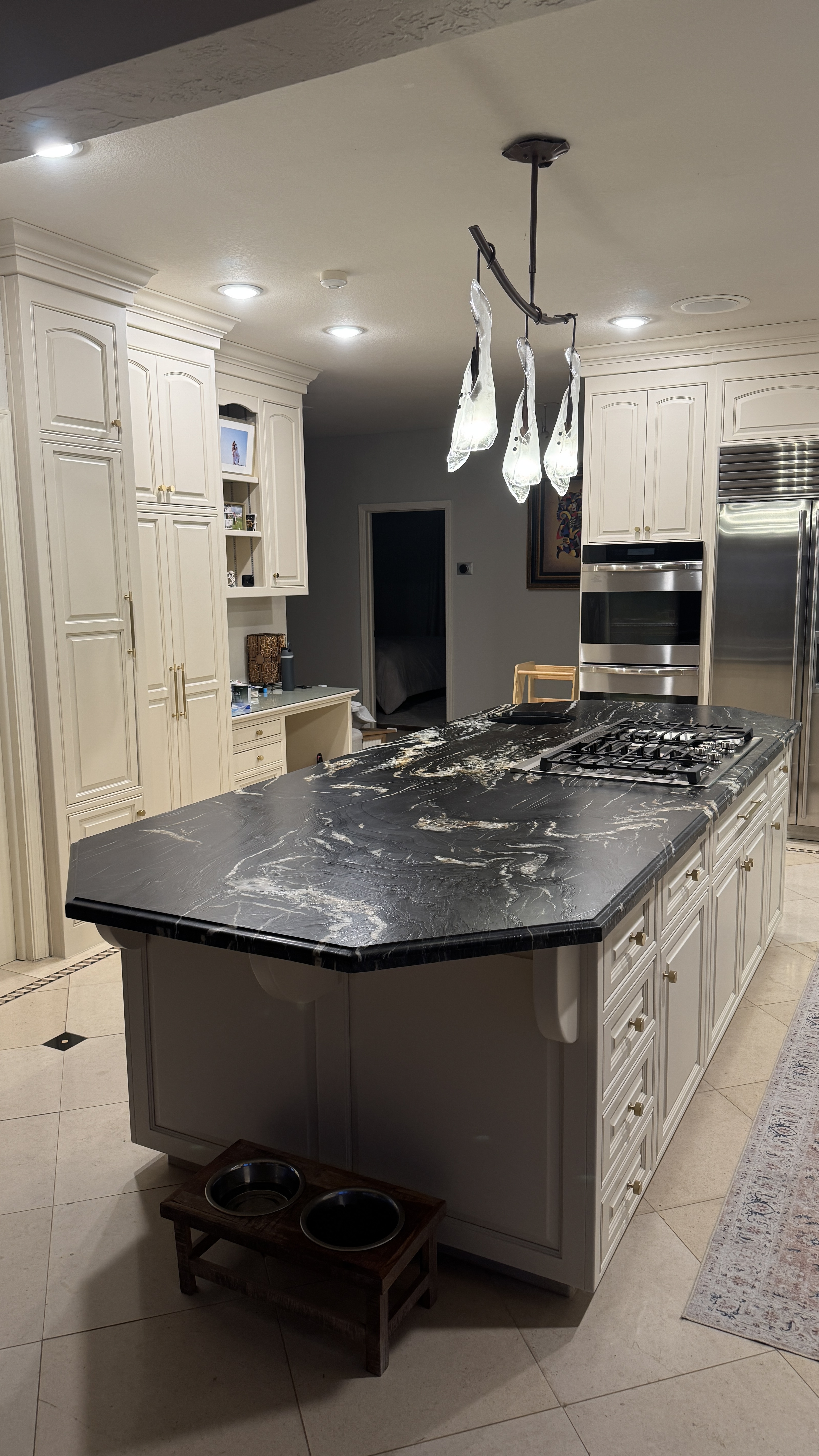 Kitchen cabinet refinishing &mdash; Completed kitchen refinish with island and updated fixtures &mdash; Los Gatos, CA