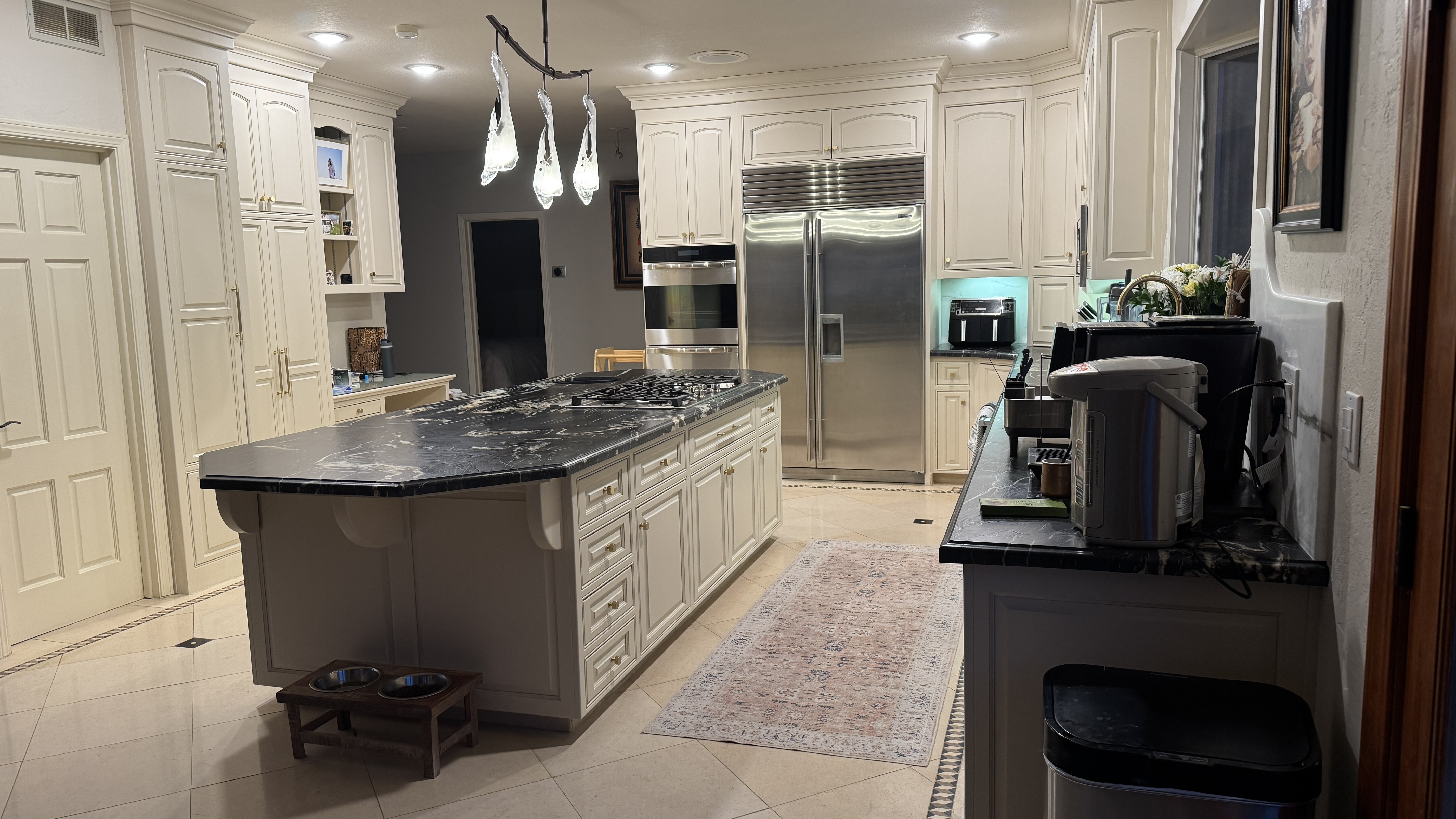 Kitchen cabinet refinishing &mdash; Full-height run completed with counters and hardware in place &mdash; Los Gatos, CA