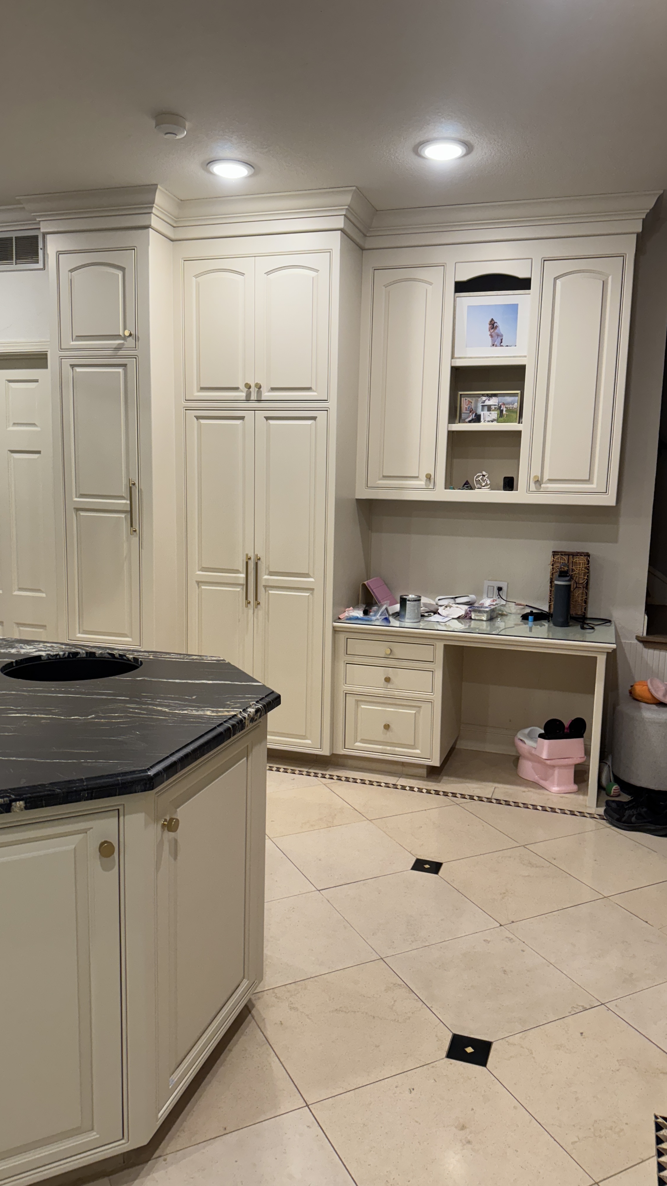Kitchen cabinet refinishing &mdash; Built-in pantry and desk run finished to match the kitchen &mdash; Los Gatos, CA