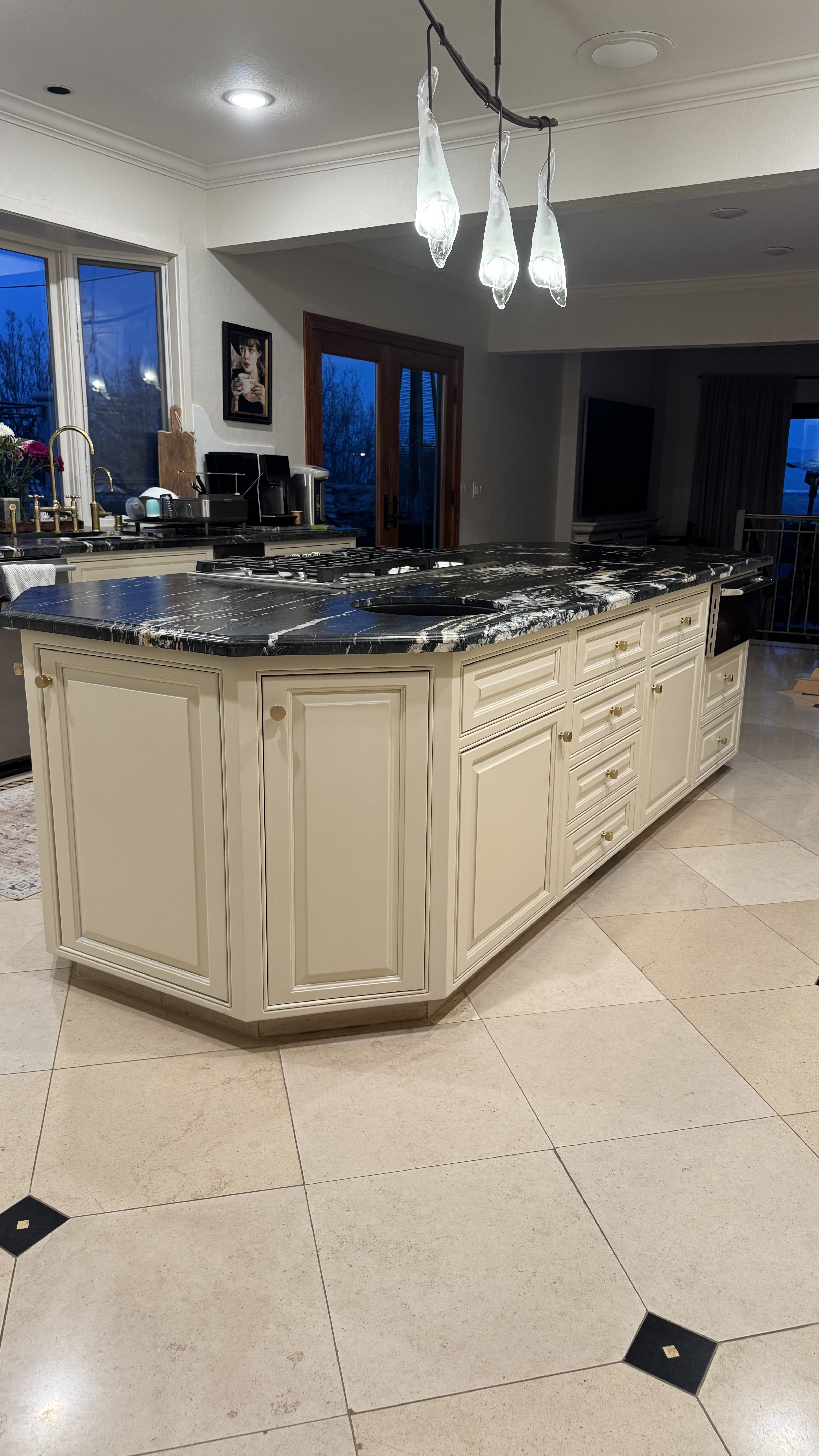 Kitchen cabinet refinishing &mdash; Completed kitchen with island and coordinated hardware &mdash; Los Gatos, CA