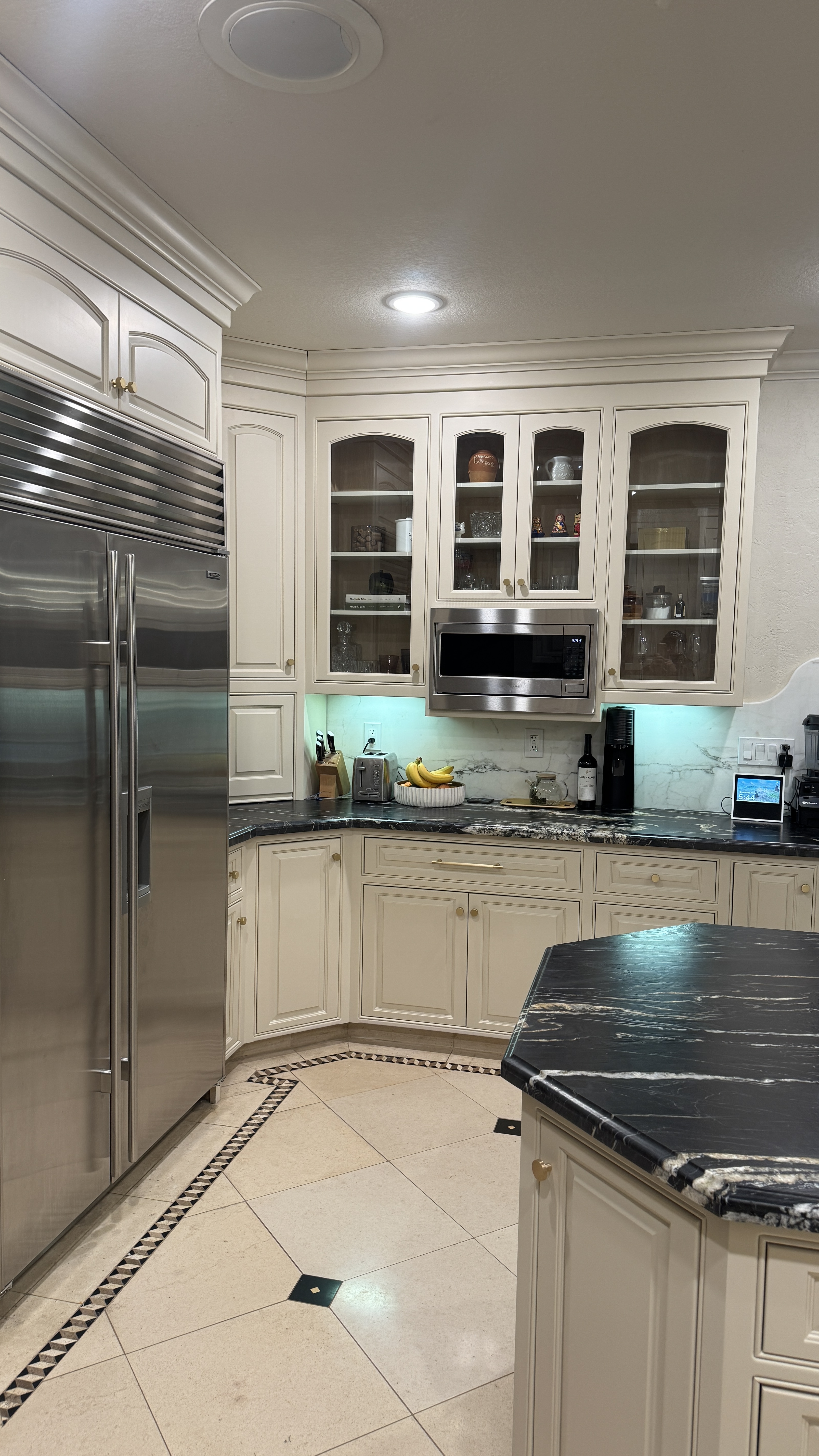 Kitchen cabinet refinishing &mdash; Finished kitchen with island and appliances reinstalled &mdash; Los Gatos, CA