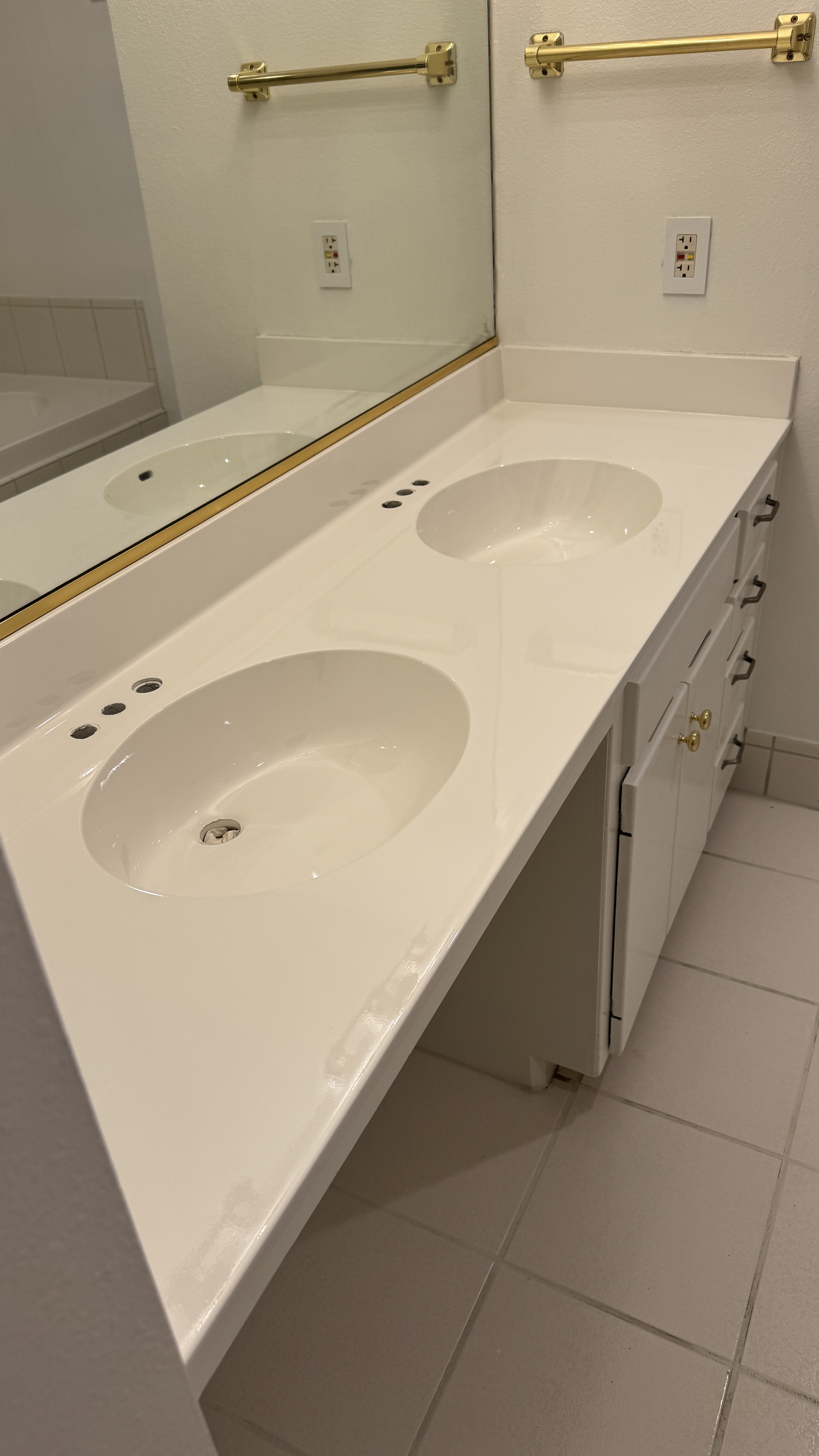 Vanity installation &mdash; Double-sink top set; faucets and finish work still pending &mdash; Alameda, CA