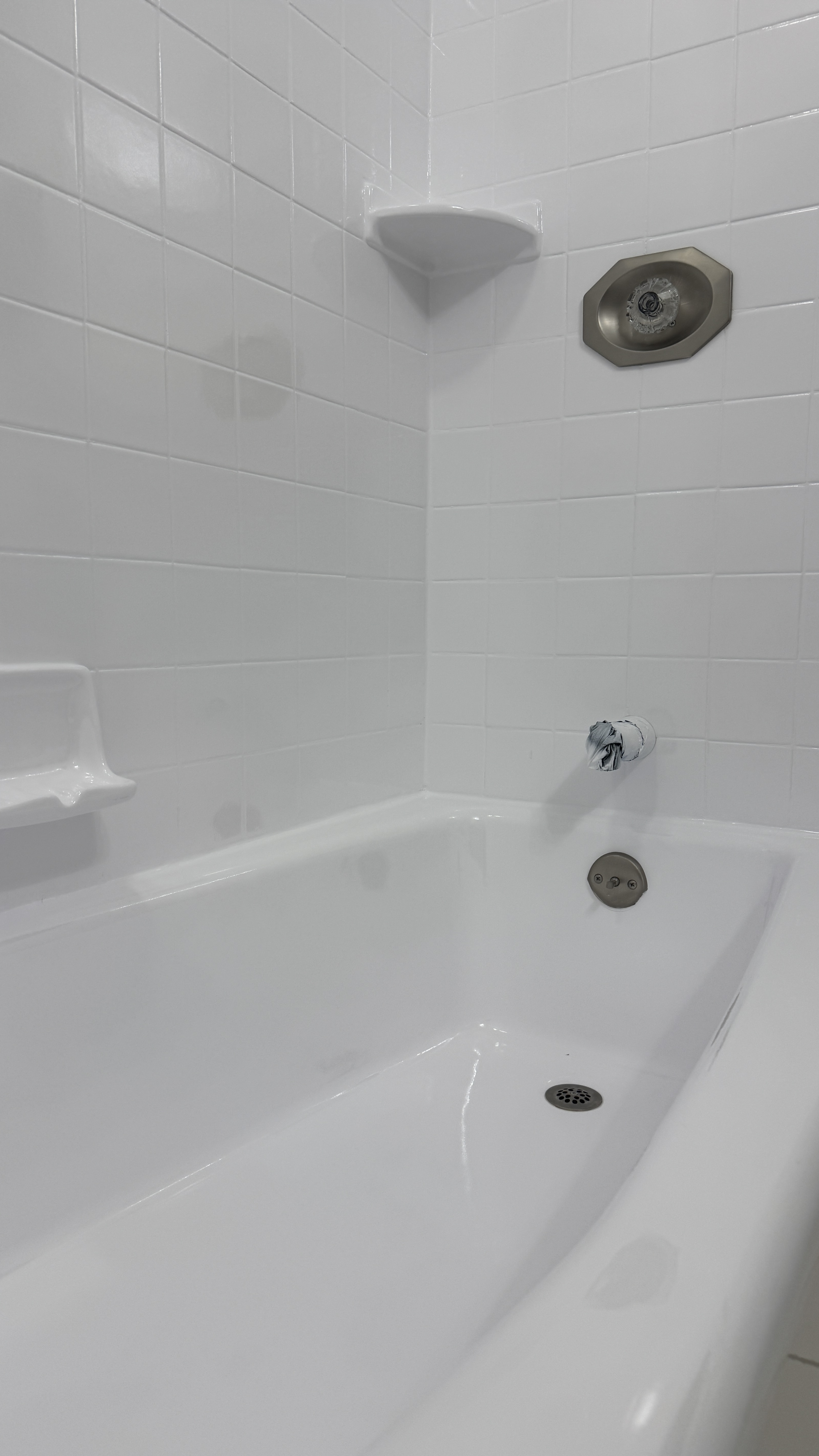 Bathtub reglazing &mdash; Final masking pass before high-gloss coating application &mdash; Oakland, CA