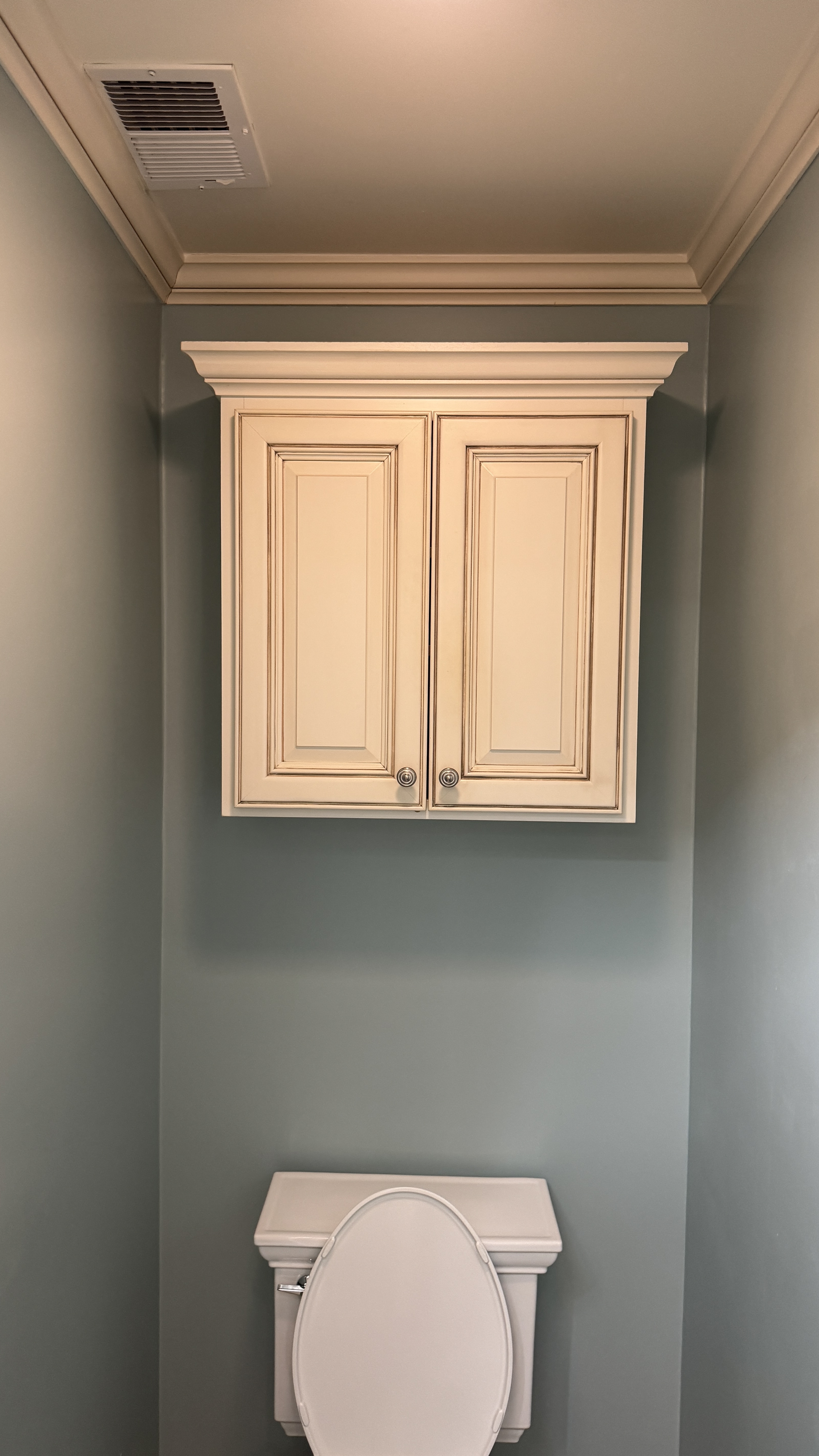 Bathroom cabinet refinishing &mdash; Completed wall cabinet refinish above the toilet &mdash; Burlingame, CA