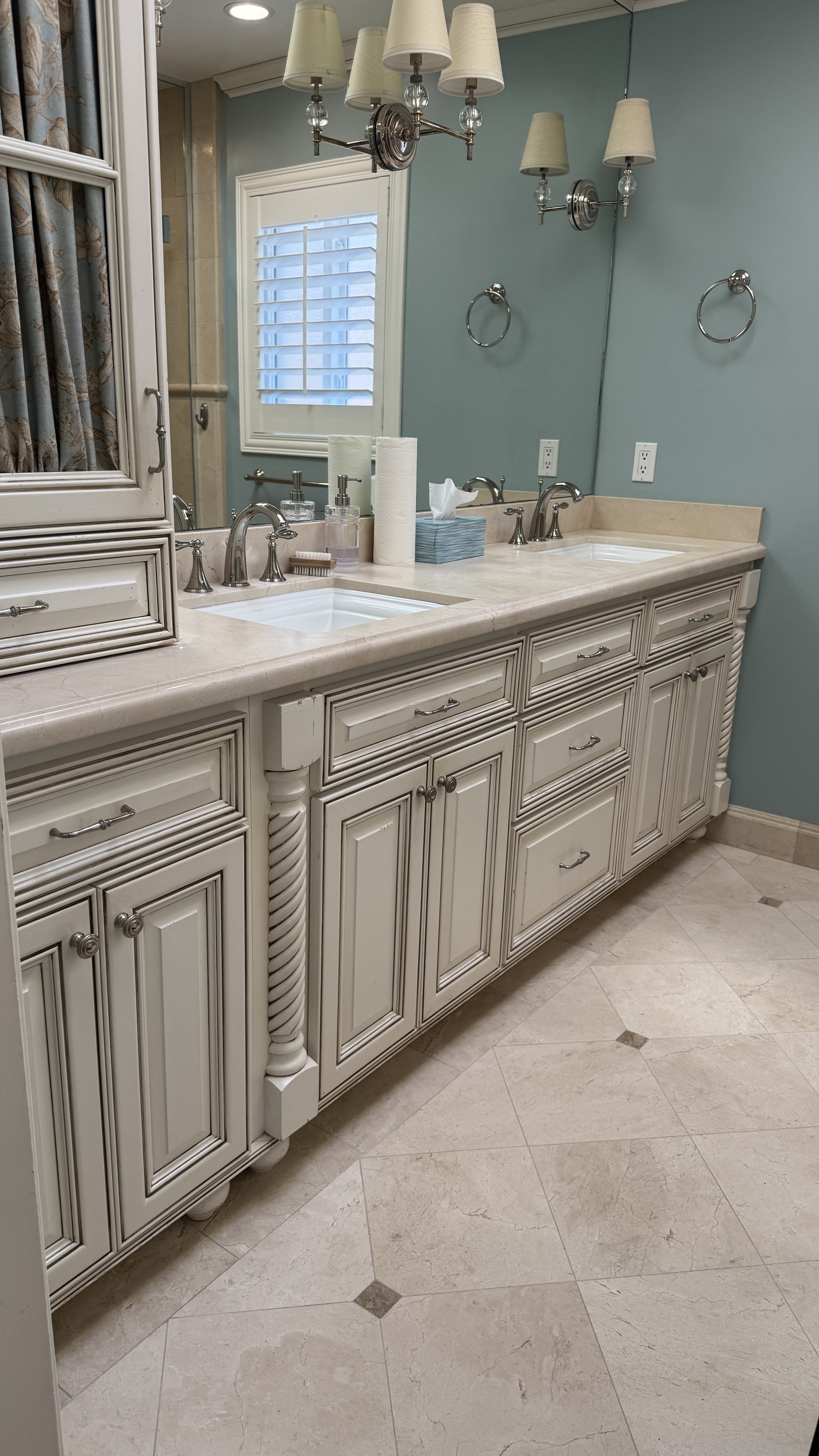 Vanity cabinet refinishing &mdash; Finished double-sink vanity with stone top installed &mdash; Burlingame, CA