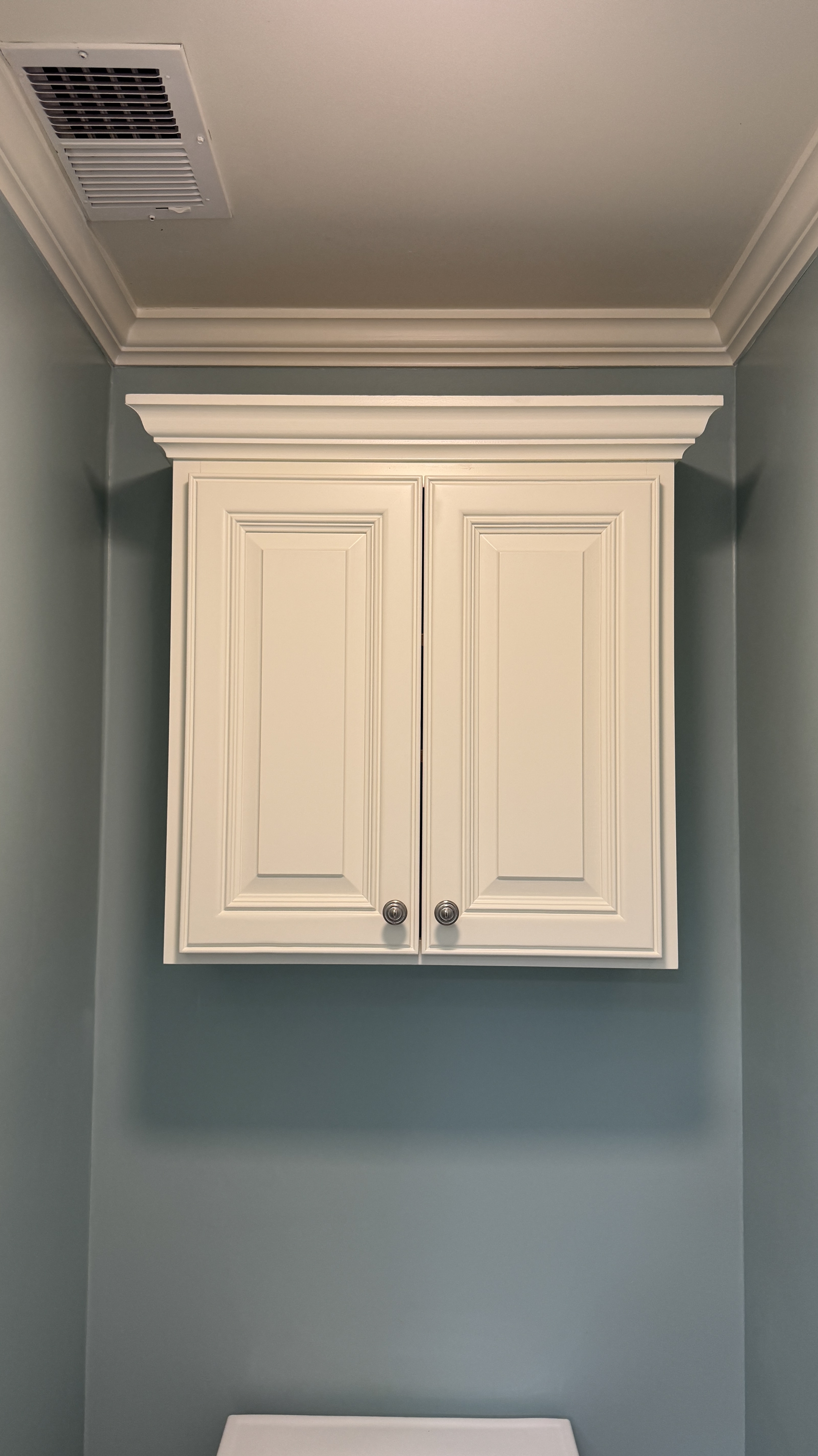 Bathroom cabinet refinishing &mdash; Ornate wall cabinet restored and rehung &mdash; Burlingame, CA