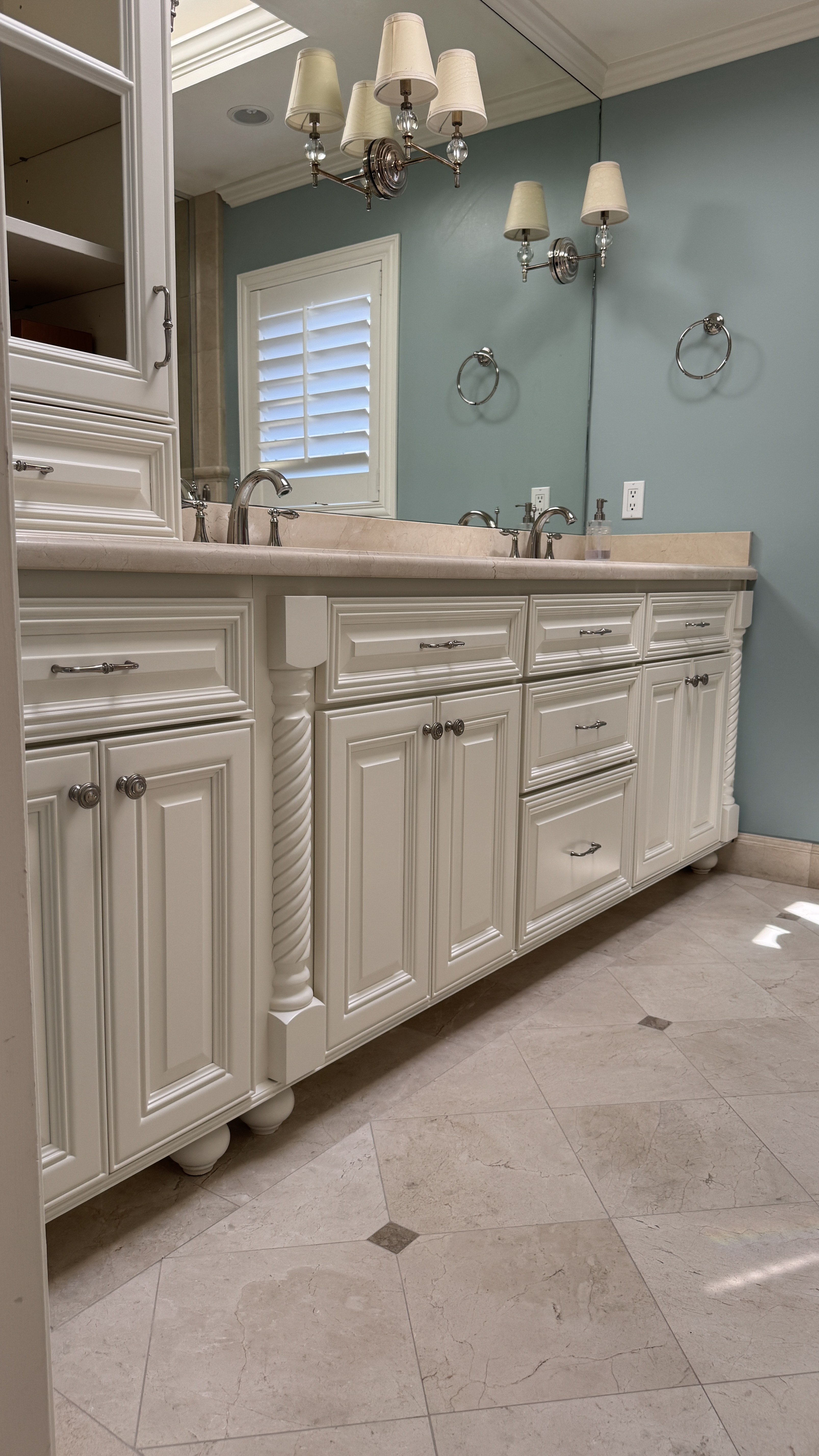 Bathroom cabinet refinishing &mdash; Completed wall cabinet with crown molding installed &mdash; Burlingame, CA