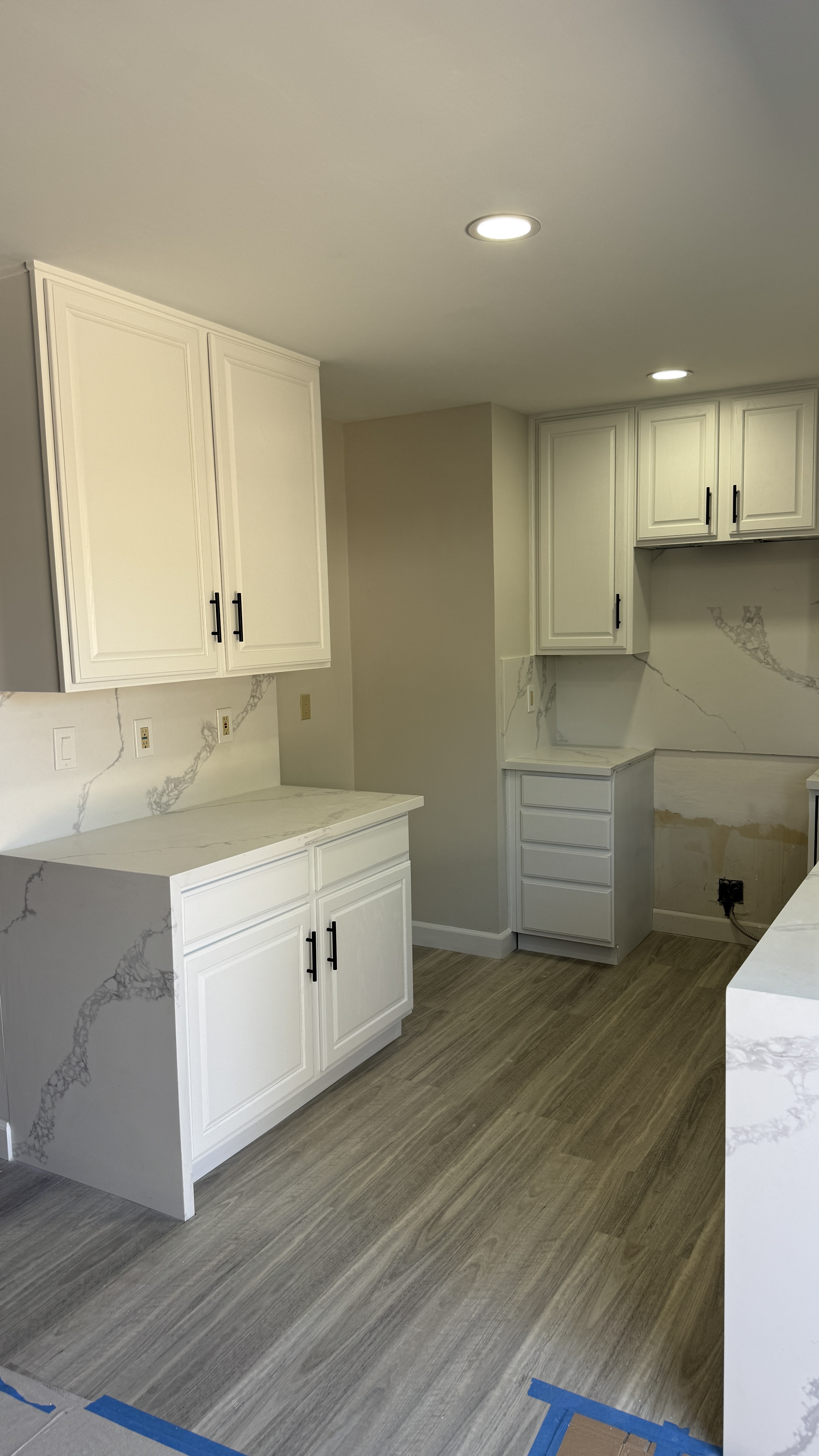 Kitchen cabinet refinishing &mdash; Completed refinish with hardware and backsplash installed &mdash; Walnut Creek, CA