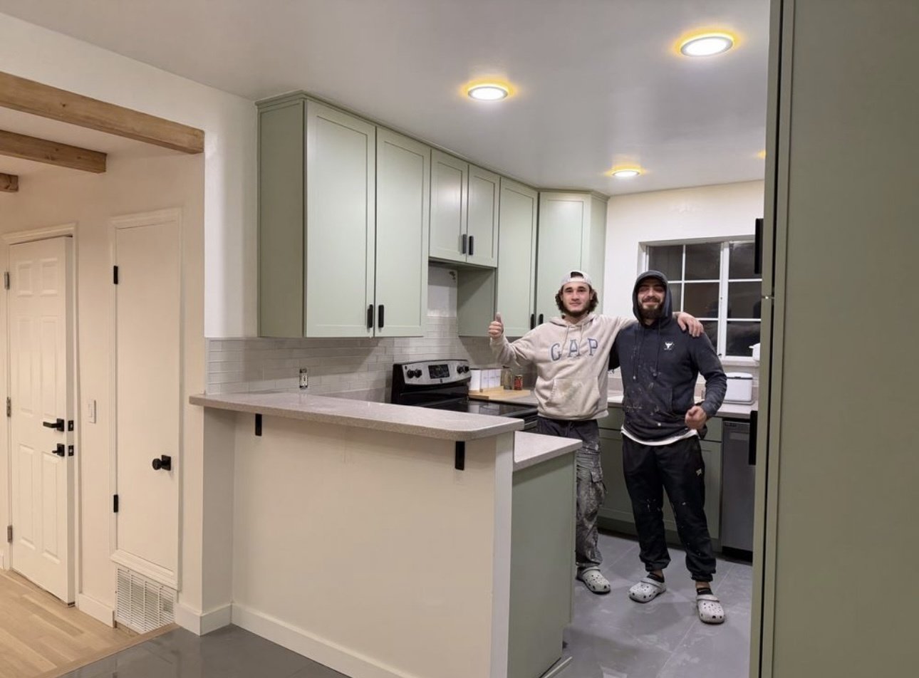 Kitchen cabinet refinishing &mdash; Completed kitchen with sage green shaker cabinets and subway tile backsplash &mdash; Fremont, CA